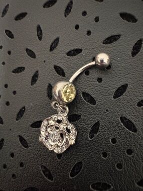Silver-Tone Yellow Gem Flower Dangle Navel Ring